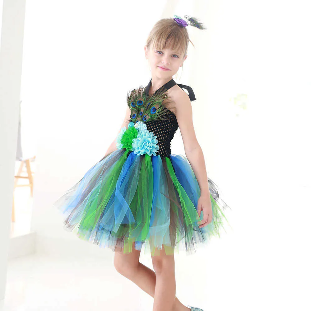 Girl's Dresses Hot Girls Peacock Dress with Feather Hair Clip Princess Birthday Costume Kids Party Dresses Flower Girl Dress Tulle Tutu Dress T230106