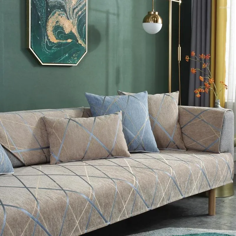 Housses de chaise antidérapantes pour salon moderne, combinaison de coussin de canapé, Chenille, Design de ligne, Protection complète contre la poussière pour meubles