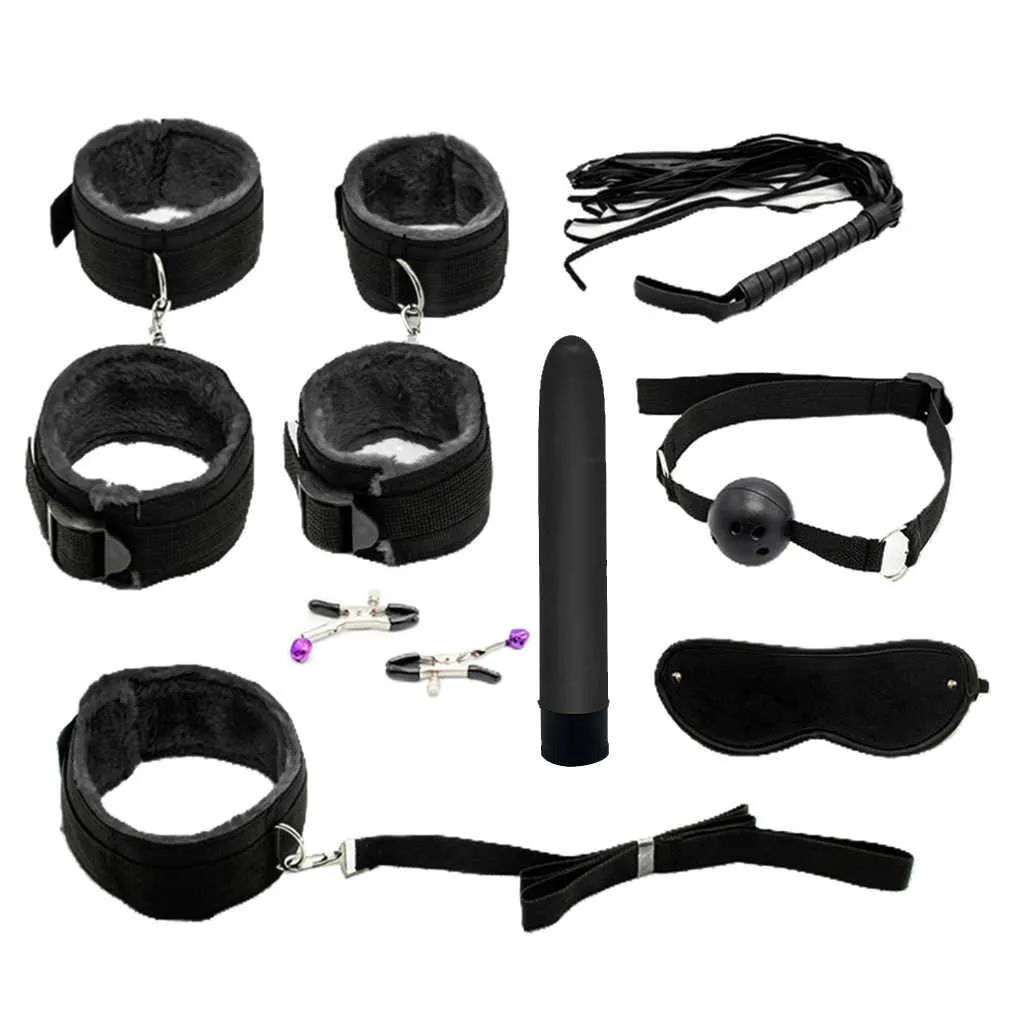 8pcs Couples Adult Toys Plush Handcuffs Strap Whip Rope Bandage Dildos Vibrators Set Sex Toys Kits