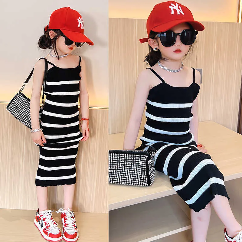 Robes De Fille D'été Filles Robe Toddler Hip Dress Pour Bébé Enfants Vestidos Enfants Streetwear Vêtements Sangle Rayé Maigre Cool 5-13Y T230106