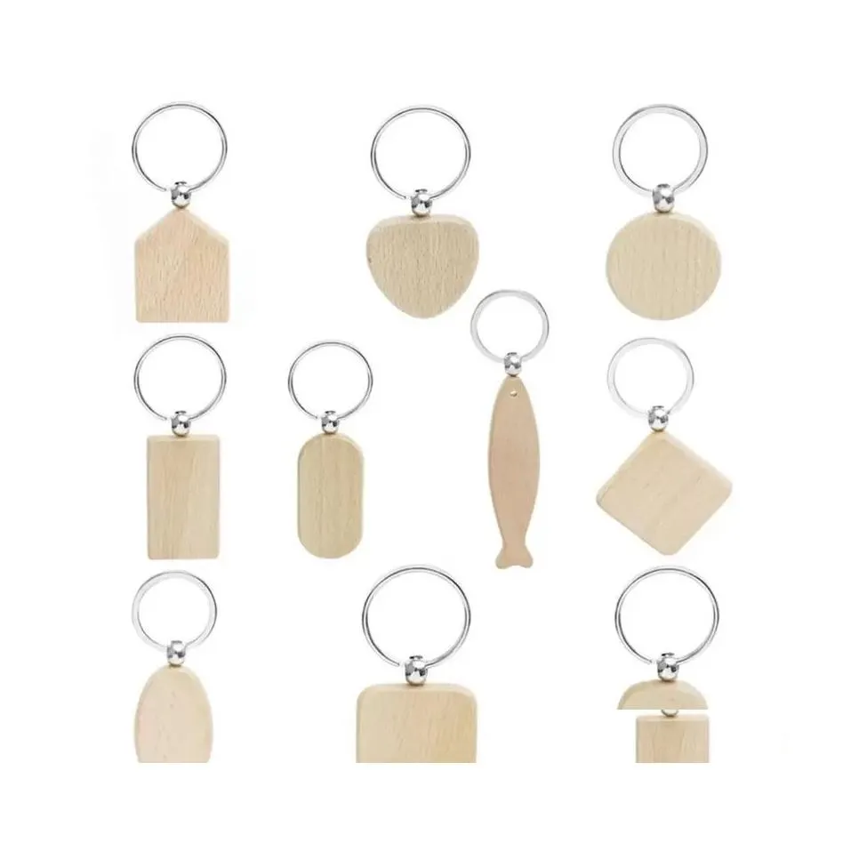 Party Favor Promotional Handicrafts souvenir Plain DIY Blank Beech Wood Pendant Key Chain Keychain With Ring Drop Delivery Home Gard DHPM1