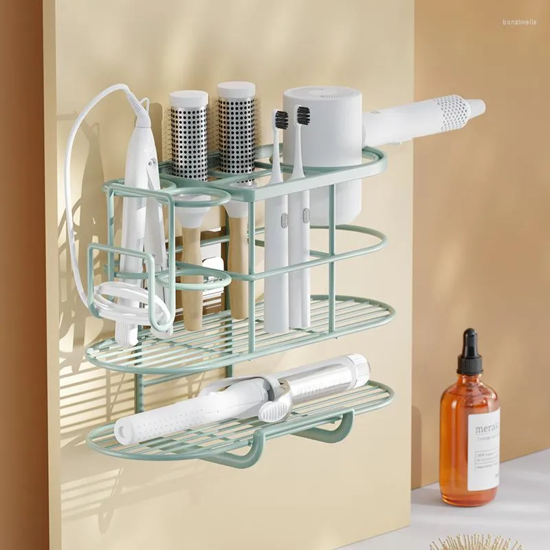 Ganchos para rizador y secador de pelo, estante de almacenamiento integrado, cepillo de dientes, cosméticos sin perforar, accesorios de baño para colgar en la pared