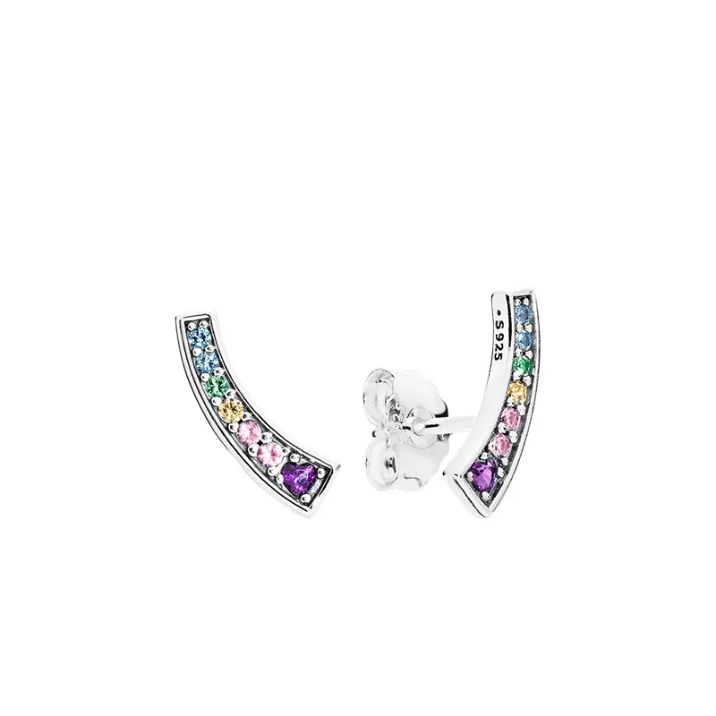 Boucle d'oreille à tige arc-en-ciel en cristal coloré pour Pandora authentique en argent sterling pour femmes et filles, bijoux de mariage en diamant CZ, cadeau pour petite amie avec boîte d'origine