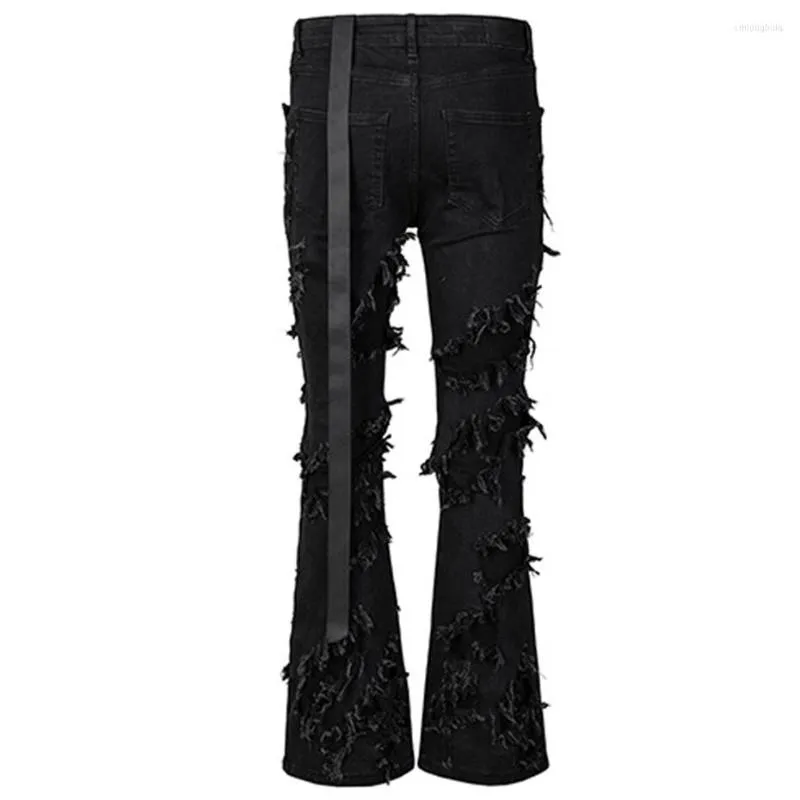 Jeans pour hommes mode évasé hommes déchirés en détresse Streetwear noir Denim pantalon longs rubans tendance Man260B