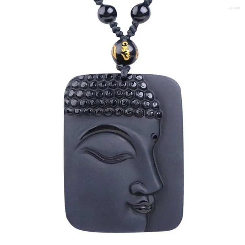 Pendant Necklaces Natural Obsidian Tathagata Buddha Head Side Face Sakya Mani Beads Necklace Wholesale