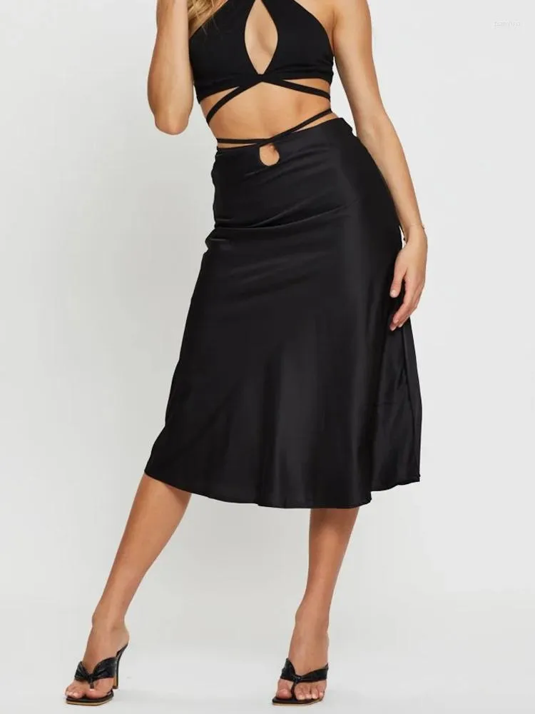 Skirts Summer Satin Skirt Women 2023 Fashion Solid Color Simple High Waist Midi Female Streetwear Casual Elegants Lace-Up