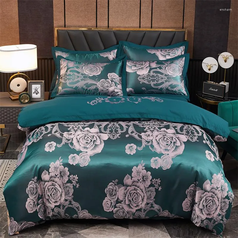 Ensembles de literie De Luxe Européen Jacquard Ensemble Roi Fleur Motif Housse De Couette Linge De Lit Taie D'oreiller Rose De Mariage Literie Textile À La Maison