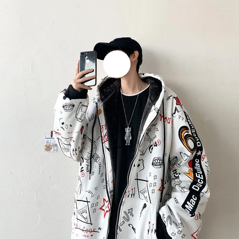 Men's Hoodies Sweatshirts Men Autumn Winter Hooded Plus Velvet Padded Coat Cardigan Printed Pattern Loose Warm Male Hip-hop Street Jacket