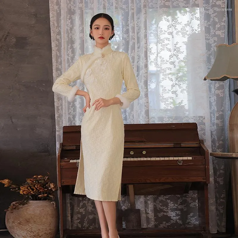 Vêtements ethniques Cheongsam Qipao robe chinoise pour femmes Vintage dentelle épaisse modifiée rétro robes jeune hiver chaud année Orient