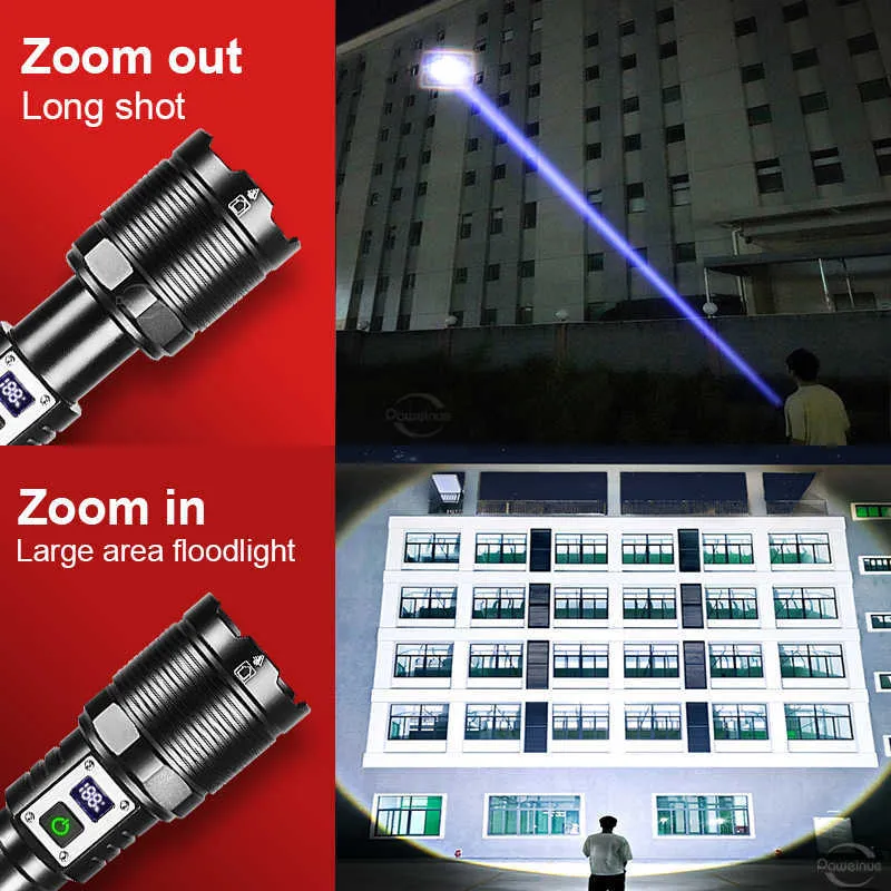 Flashlights Torches Super 50W Torch Ultra Powerful Flashlight Zooming 1500m With Battery Display Tactical Lantren XHP70 Rechargeable Led Flashlight P230517