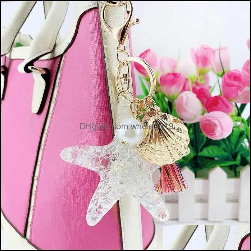 Gold Plated Pink/White Crystal Starfish Car Key Chain Women's