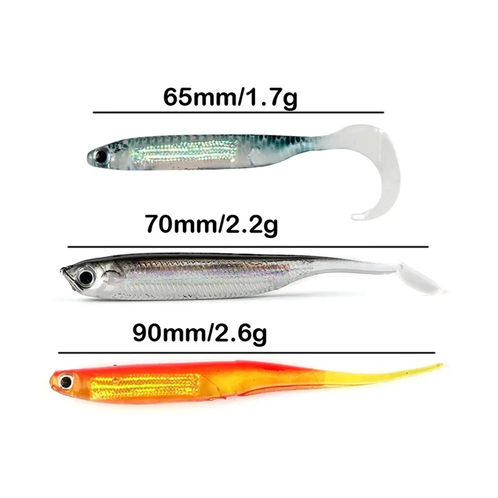 5Pcs/bag Fishing Rainbow Soft Bait T Tail Lifelike fish Sequin Swing Fishing Spinner Baits Worm Soft Lures Saltwater Freshwater For Bass