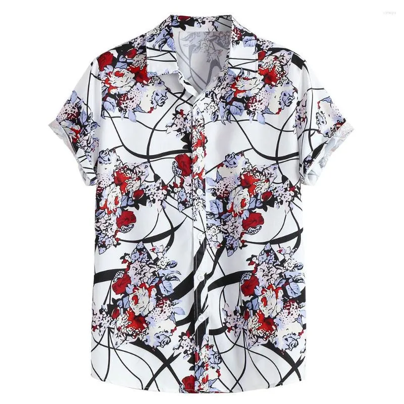 Camicie casual da uomo 2023 Estate Uomo Risvolto hawaiano Tasca sul petto Manica corta Camicia con bottoni stampata con motivo floreale colorato