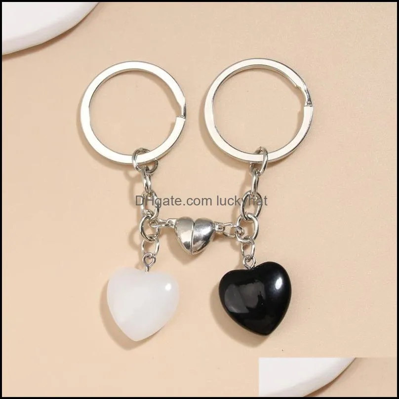 Schlüsselanhänger, individuelle Schlüsselanhänger, natürlicher Kristall, Quarzstein, Herzring, magnetische Knopfketten für Paare, Freunde, Geschenke, DIY-Schmuck, Drop Del Ot5A8