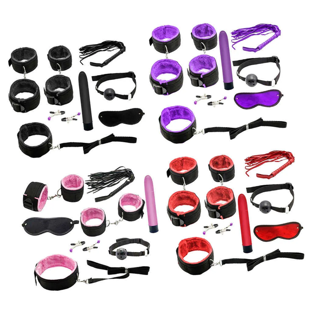 8pcs Couples Adult Toys Plush Handcuffs Strap Whip Rope Bandage Dildos Vibrators Set Sex Toys Kits