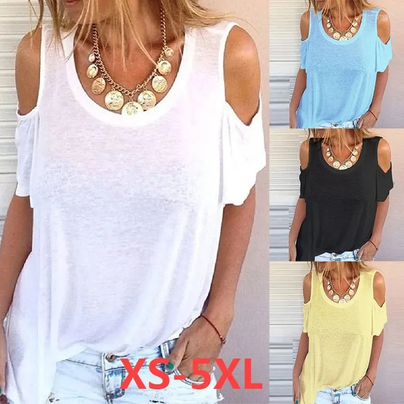 女性用Tシャツ女性夏の丸い首のカジュアルルーズプラスサイズのソリッドカラーシャツオフショルダー衣類トップXS-9XL