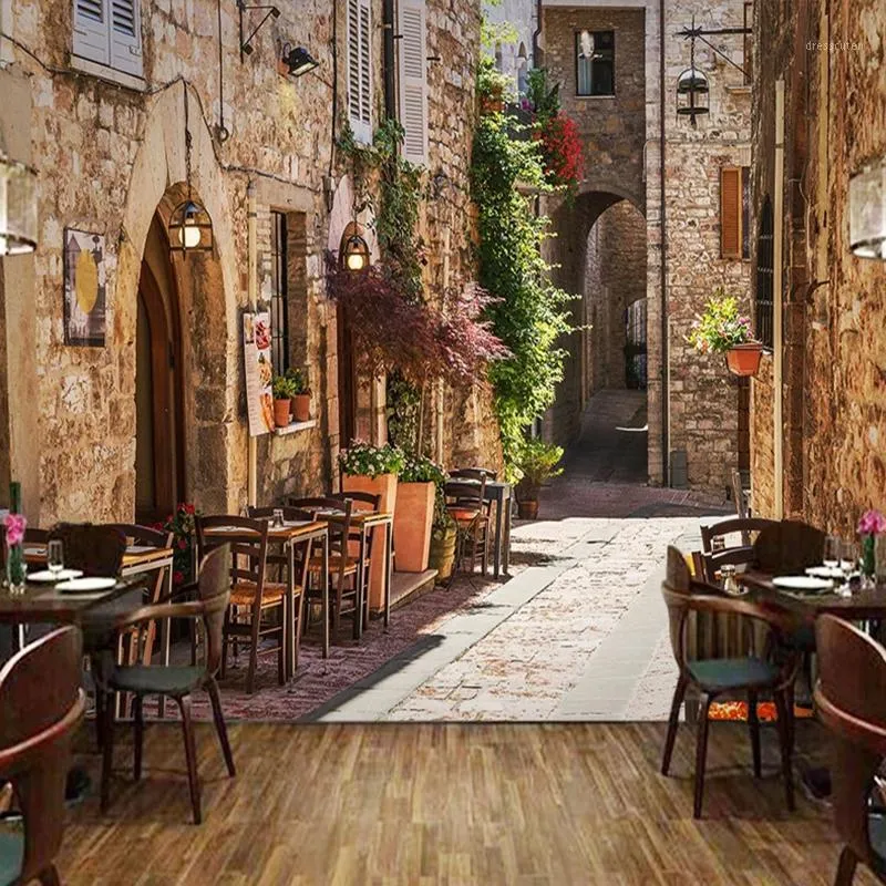 Wallpapers Custom 3D Po Wallpaper Mediterranean Town Street View Retro Bar KTV Cafe Living Room Interior Decoration Wall Mural De Parede