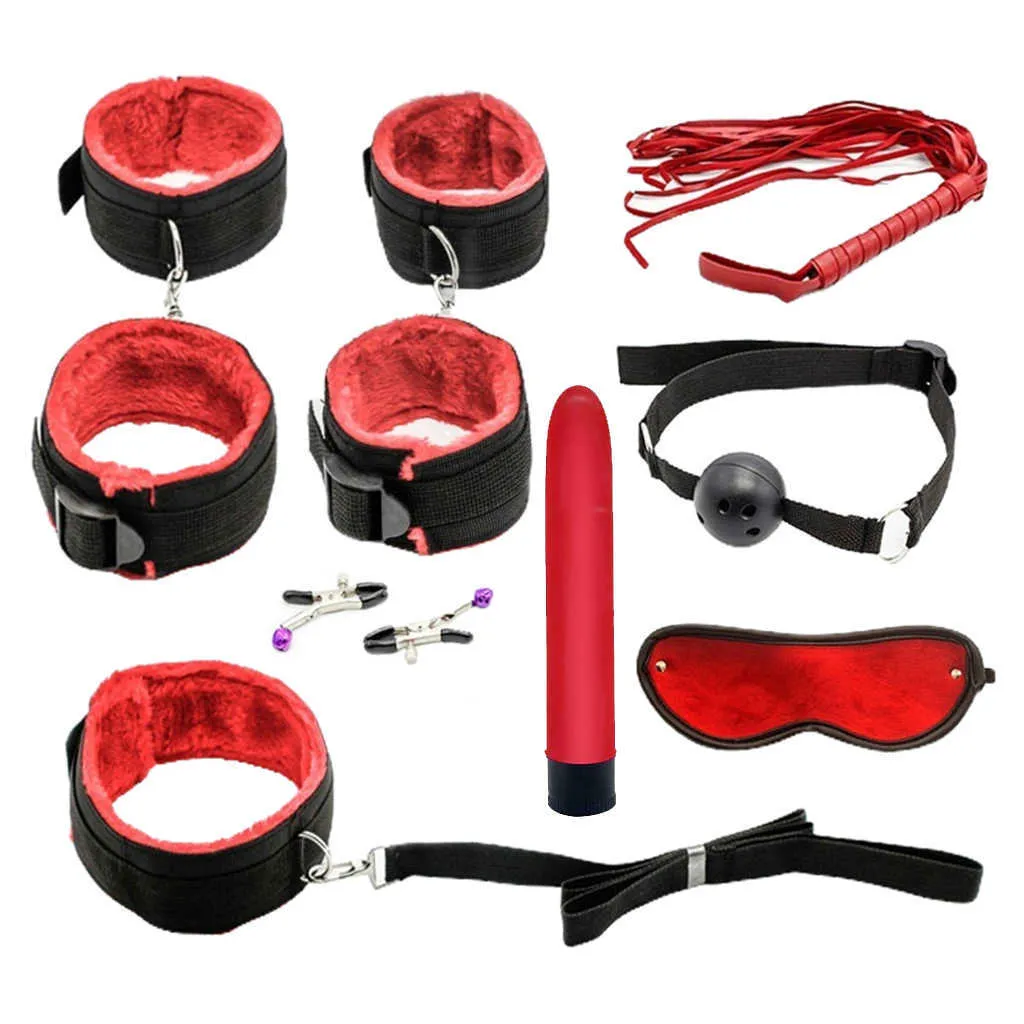 8pcs Couples Adult Toys Plush Handcuffs Strap Whip Rope Bandage Dildos Vibrators Set Sex Toys Kits