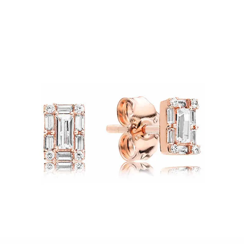 Rose Gold Square Halo Stud Pendientes con caja original para Pandora 925 Joyas de boda de plata esterlina para mujeres niñas CZ Diamond Girlfriend Gift diseñador Pendiente