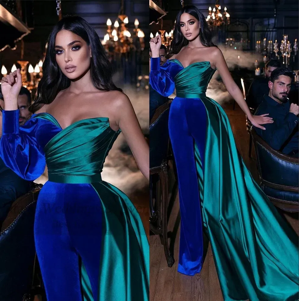 Royal Blue Velvet Evening Dresses Sexy One Long Puff Sleeves Jumpsuit Arabia Formal Ruched Prom Gowns Pleats Satin Party Dress 2023