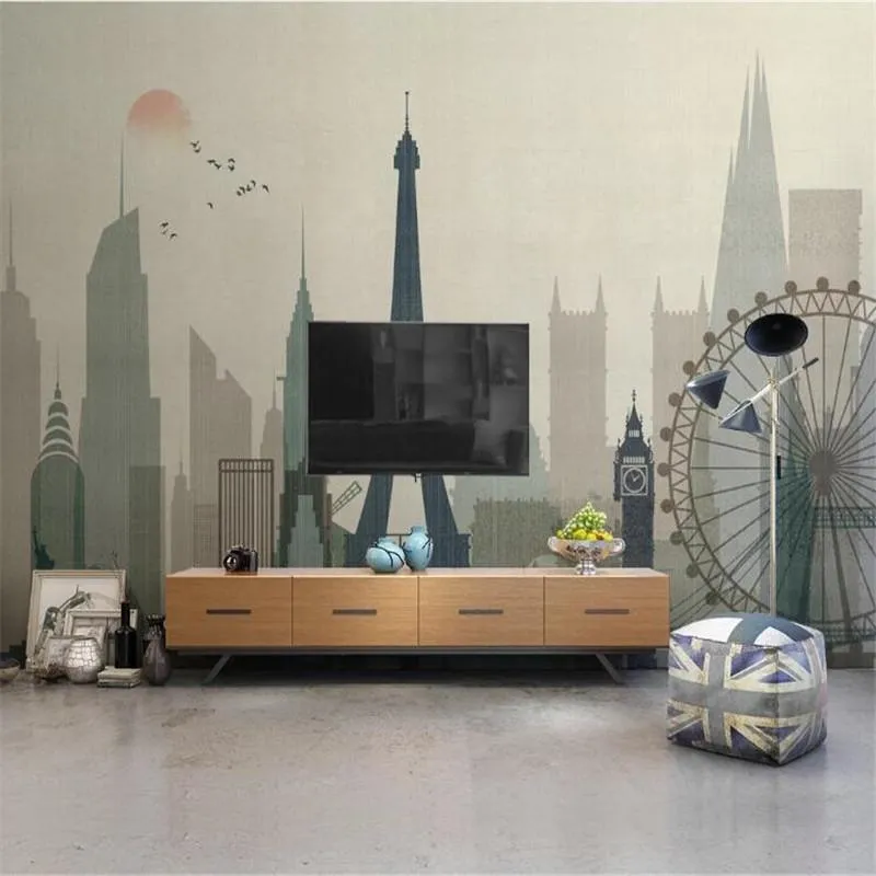 Wallpapers Large 3D Wallpaper Mural Custom Nordic Style Nostalgic City Silhouette Landscape Background