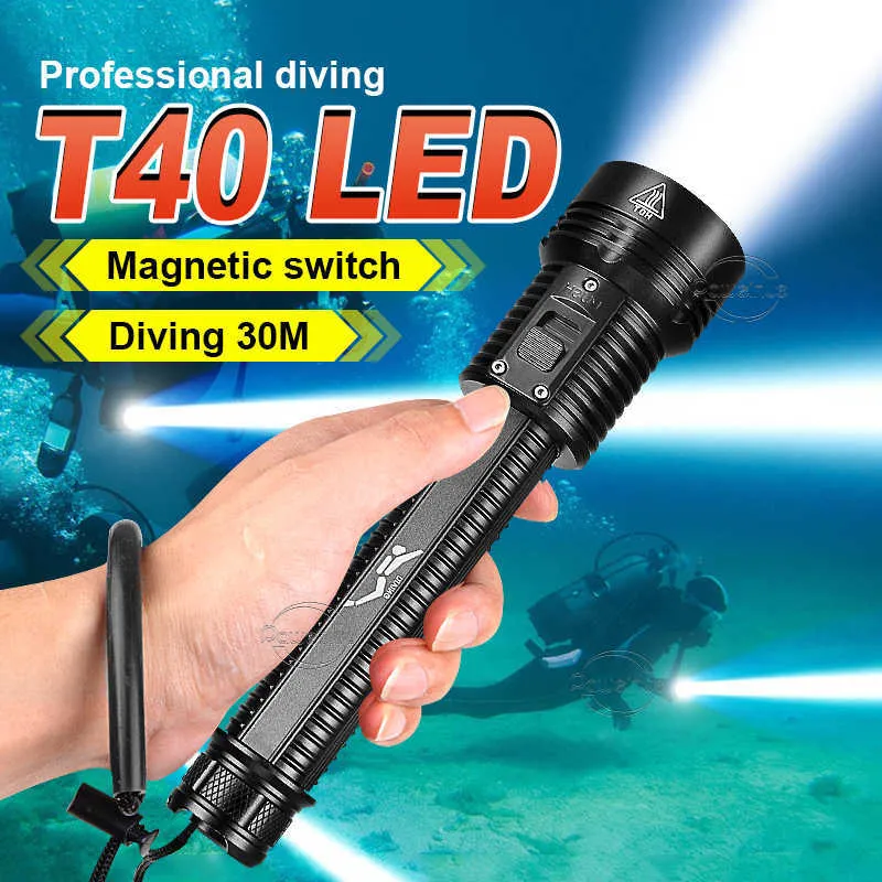 Torce torce 1000000lumens torce di immersione T40 lanterna sottomarina ricaricabile ricaricabile ricarica la luce immersione professionale torcia sottomarina 0109