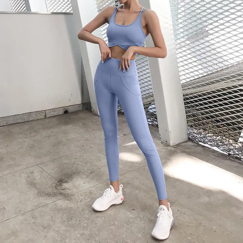 Pantalon à deux pièces Fitness Fitness Femmes Femmes Entraînement Cross Backless Push Up Bras et hauts Leggings secs à taire