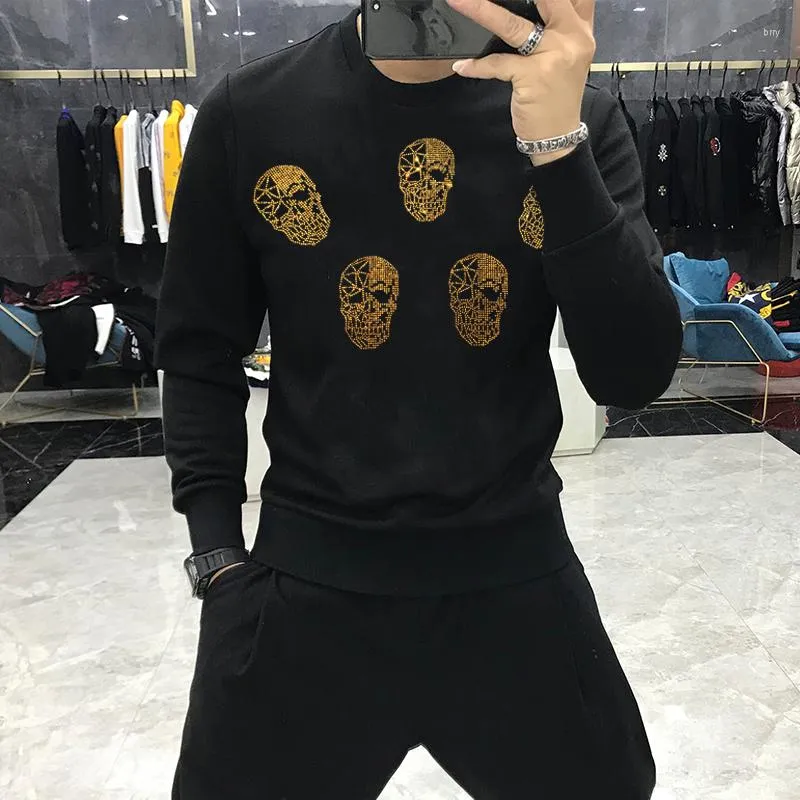 Men's Hoodies Brand Technology Rhinestone Heavy Industry Handmade com Sweetshirts de alta qualidade do Skull