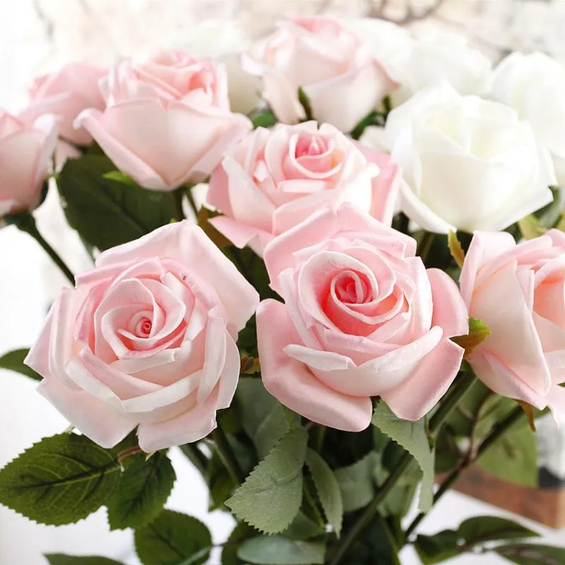 Fiori decorativi ghirlande 1pcs rosa artificiale nozze da sposa bouquet pu vera touch home party pinkdecorative bianca