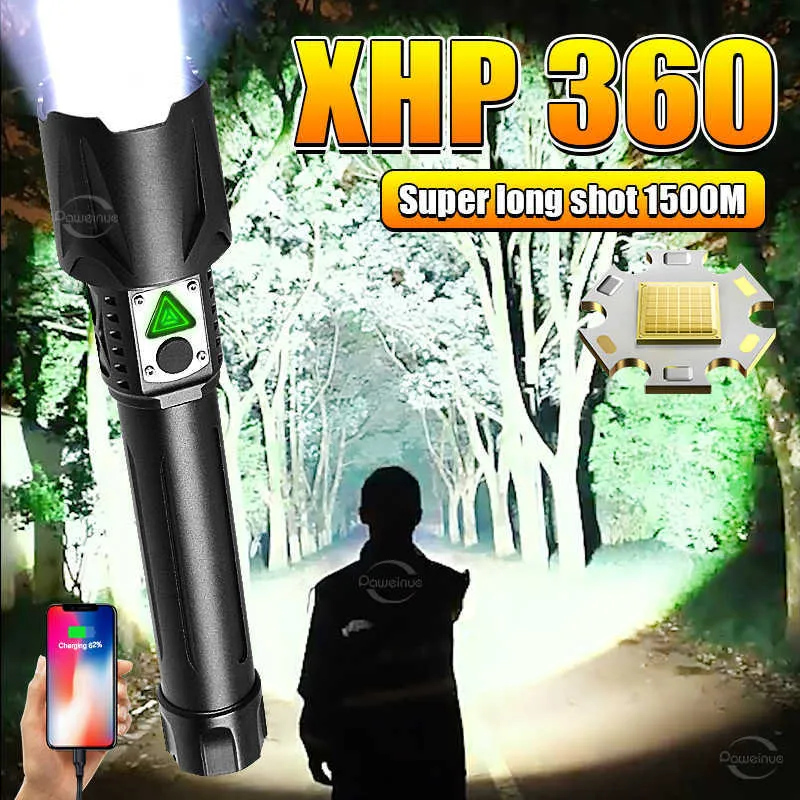 Flashlights Torches Super Bright XHP360 Flashlight Rechargeable Lamp Torch Light Zooming 800m High Power Led Flashlight With Usb Charging Power Bank 0109