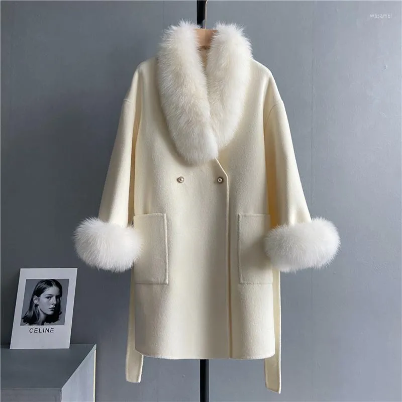 Women's Fur DT47 2023 Wholesale Price Real Wool Jacket With Detachable Collar Womens Long Winter Coats