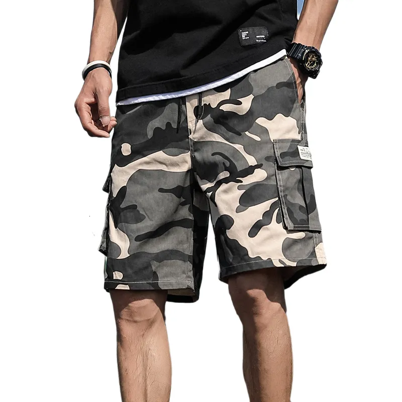 Men's Shorts Summer Outdoor Camouflage Cargo Pocket Cotton Casual Half Pants Mid Waist Drawstring Loose Bib Overalls 7XL 230109