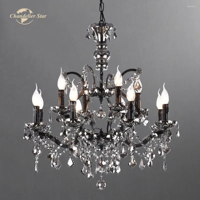 Lustres 19ème C. Rococo LED Rétro Noir Métal Smoky K9 Cristal Bougie Lampes Chambre Salon Ferme Intérieur Lumières Décor