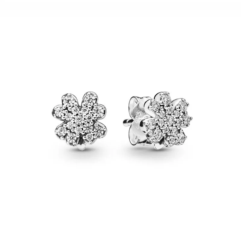 Sparkling Crystal Clover Stud Earring Real Sterling Silver For Pandora Women Girls Wedding Jewelry Cz Diamond Girl Friend Gift Designer Earrings With Original Box