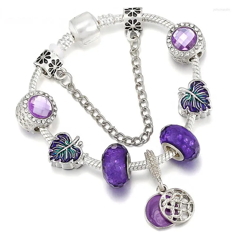 Link Bracelets Fashionable Korean Style Temperament Purple Faceted Crystal Stone Insect Leaf Beaded DIy Charm Ladies Bracelet