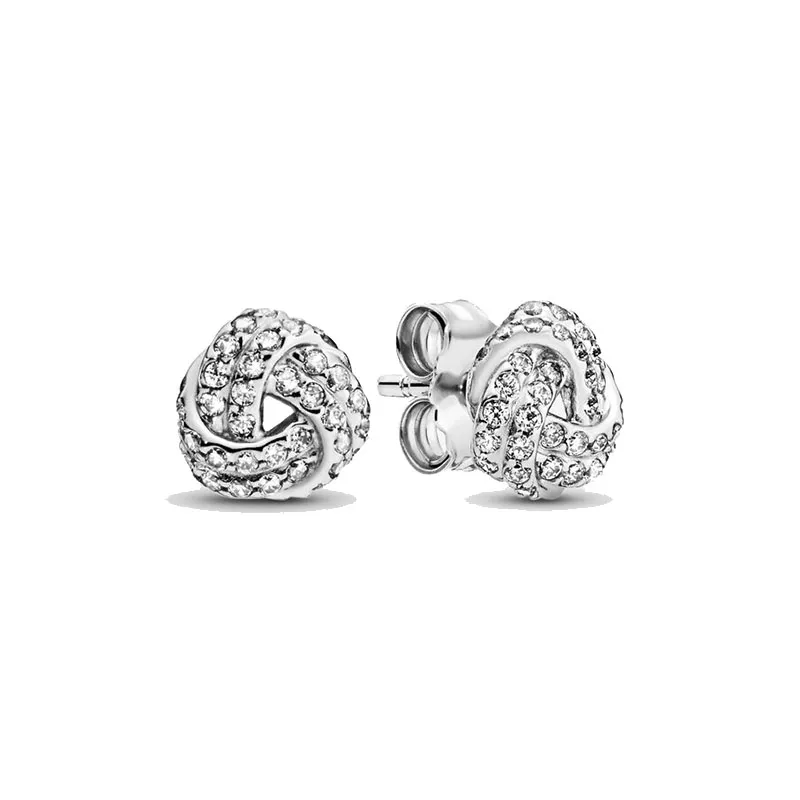 Shimmering Knot Stud Earrings Real Sterling Silver for Pandora CZ Diamond Wedding Gift Jewelry For Women Girls Rose Gold Engagement Earring with Original Box