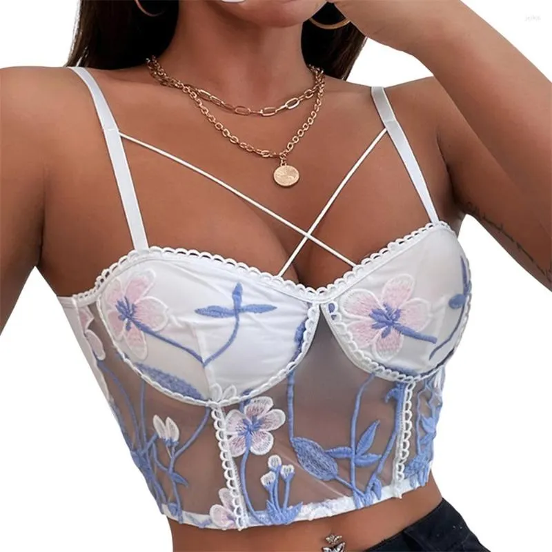 Camisoles & Tanks Douhoow Women Flowers Embroidery 2023 Sexy Stitching Mesh Spaghetti Strap Tank Tops Summer Girl Vest Crop