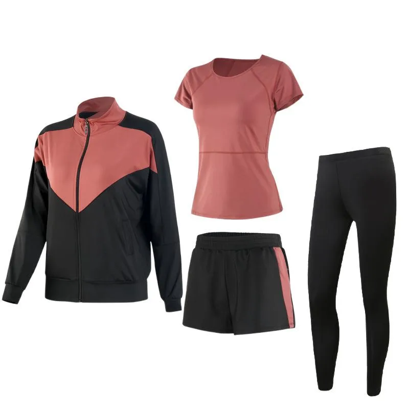 Kvinnors tvådelade byxor 4-stycken Spring och Summer Long Sleeve Yoga kostym Snabbtorkning Fitness Running For Women