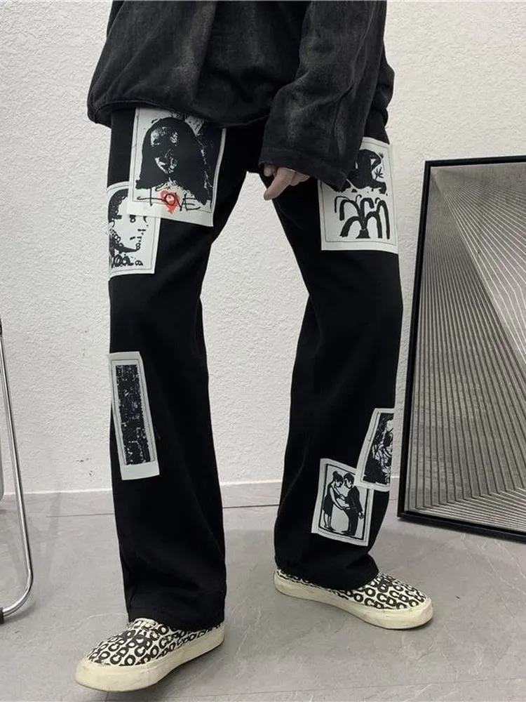 Herrbyxor Goth Punk Herr Casual Svart Patch Byxa med vida ben Baggy High Street Byxor Anime Raka underdelar Streetwear Damkläder