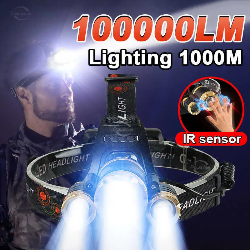 Flashlights Torches 100000LM Powerful Haedlamp 4 Modes Rechargeable Head Flashlight Lighting 1000m Fishing Headlight Lantren Front Light for Camping 0109