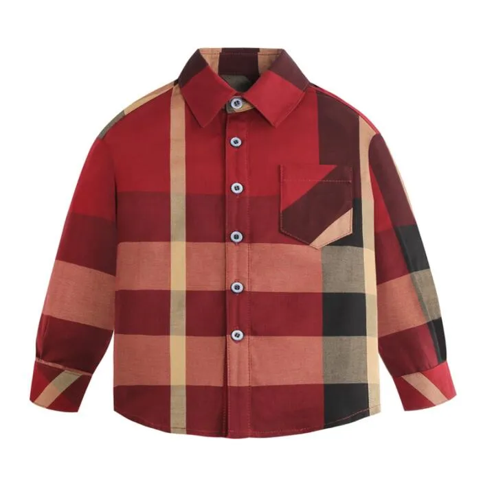 Cute Baby Boys Red Plaid Shirts Kids Long Sleeve Shirt With Pocket Turn-Down Collar Boy Shirt Spring Autumn Children Tops Child Shirts 2-8 Years