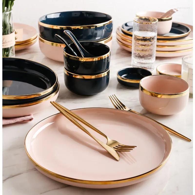 Plates Pink Black Gold Inlay Ceramic Dinner Plate Tableware Porcelain Bulk Serving Dishes Home Wedding Decorative Dinnerware Wholesale