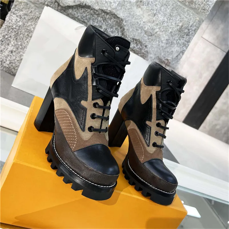 2023 Designer Parijs Iconische Star Trail Enkellaarzen Geprofileerd Rubber Patent Canvas En Leer Hoge Hak Chunky Lace up Martin Ladys Winter Sneakers Maat 35-41