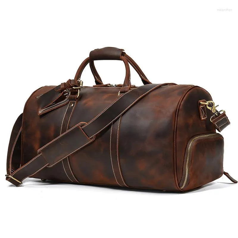 Duffel Bags POOLOOS Selling Leather Travel Bag Vintage Crazy Horse Duffle With Shoe Pocket Weekend For Men Male