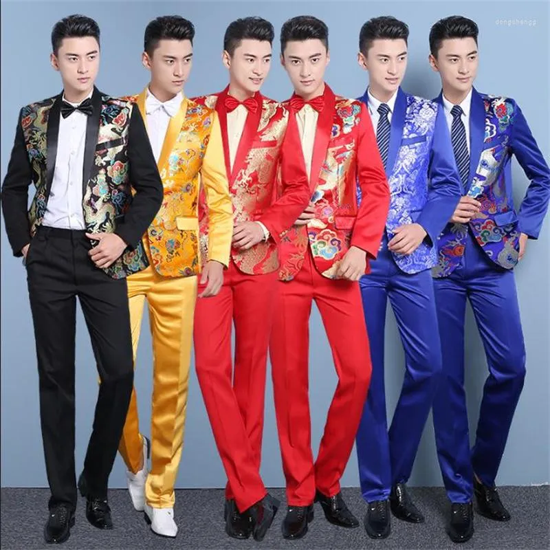 Herenpakken Chinese stijl rode blazer mannen formele jurk nieuwste jas pants ontwerpen passen bij terno masculino broek huwelijk huwelijk huwelijk heren