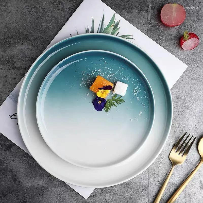 Plates Ceramic Dinner Steak Plate Nordic Gradient Blue Dessert Cake Dish Tableware Dishes For Restaurant