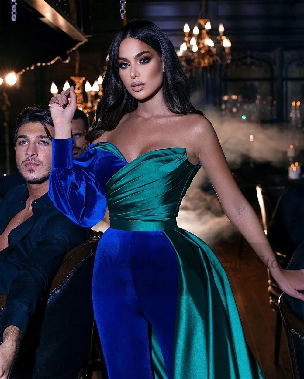 Royal Blue Velvet Evening Dresses Sexy One Long Puff Sleeves