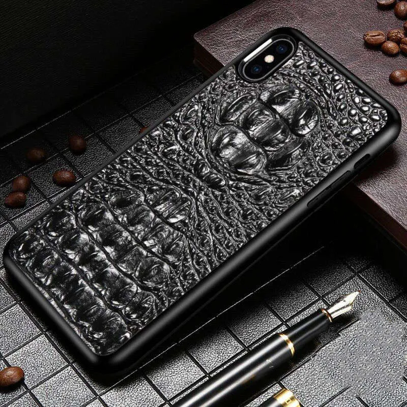 Custodia in pelle di mucca autentica per iPhone 14 Pro Max 13 12 11 Copertina di armatura cronica coccodrillo 3D