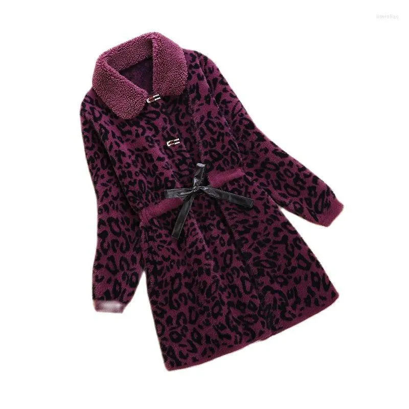 Kvinnors ull 2023 Autumn Winter Imitation Mink Velvet Jacka Kvinnor Midlängd Päls Löst tjock plysch spetsle-up Leopard Print damer outwear