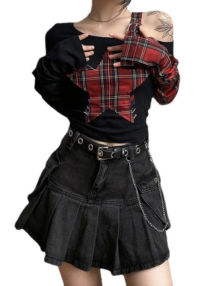 FAIMILORY Women's Y2K Patchwork Crop Top – Contrast Stitch Grunge Streetwear Shirt, E-Girl Fashion